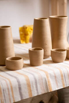 Finished clay products in a pottery workshop