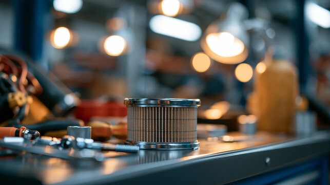 high performance engine air filter displayed on a bright workbench in an automotive workshop, vehicle maintenance concept, engine protection, professional repair service,