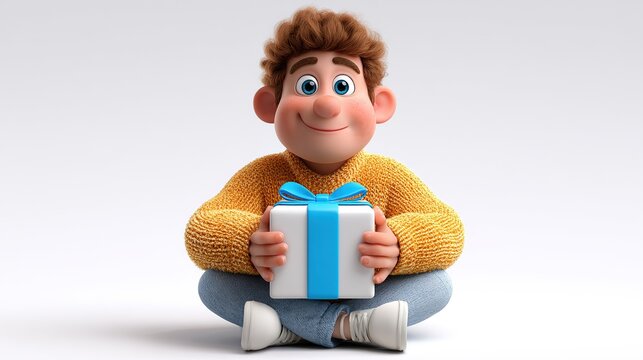 Gifted Child's Delight: A cheerful cartoon boy with curly hair, dressed in a cozy yellow sweater and blue jeans, sits cross-legged, presenting a beautifully wrapped gift box tied with a blue ribbon.