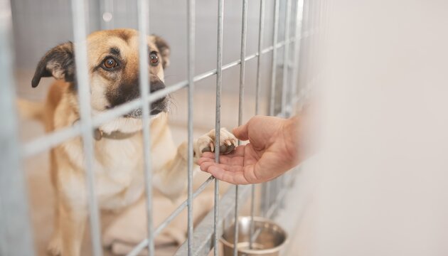 Dog in cage reaching paw to human hand in animal shelter