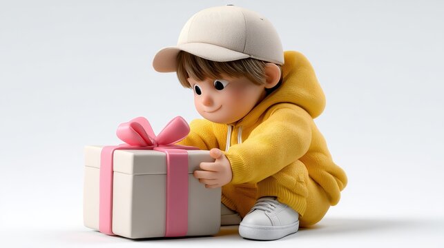 Surprise Gift: A cute cartoon child in a yellow hoodie and cap crouches down, eagerly holding a pink ribbon-tied gift box, ready to discover its contents.