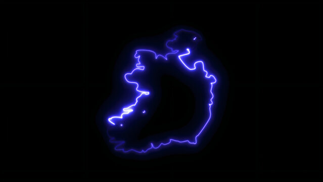 Glowing neon blue outline map of ireland isolated on a black background, digital representation of the island european country