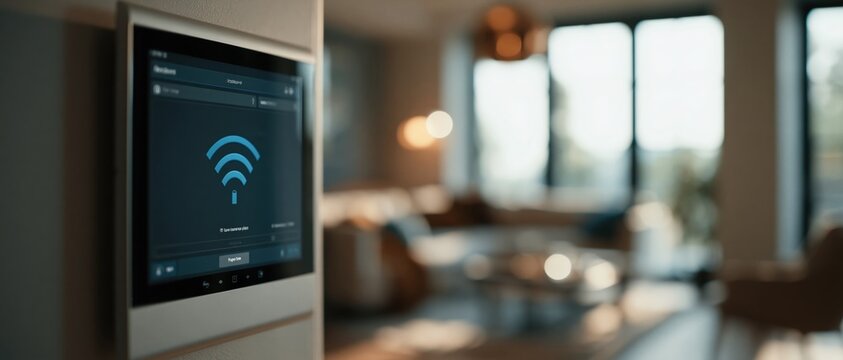 A modern digital tablet interface mounted on a wall, showcasing a prominent blue Wi-Fi signal icon on the screen with a softly blurred living room interior in the background.