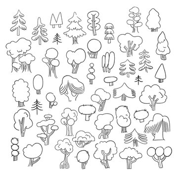 Hand-Drawn Tree Line Art Set &ndash; Pencil Sketch Forest Trees Coloring Illustration Artwork Repeat Pattern Invisible Background