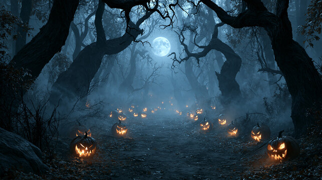 Glowing jack o lanterns lining a dark mysterious forest path under moonlight on white background