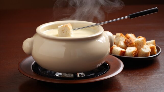 Ceramic cheese fondue pot on wooden trivet with bread cubes, cheese fondue dinner concept
