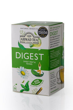 April 27, 2026, Tbilisi, Georgia Ahmad Tea Digest Sweet Mint and Fennel Herbal Tea Box Packaging Isolated on White