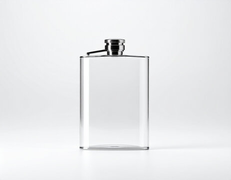 Empty clear glass curved hip flask with metal cap front view mock up isolated on white background, copy space