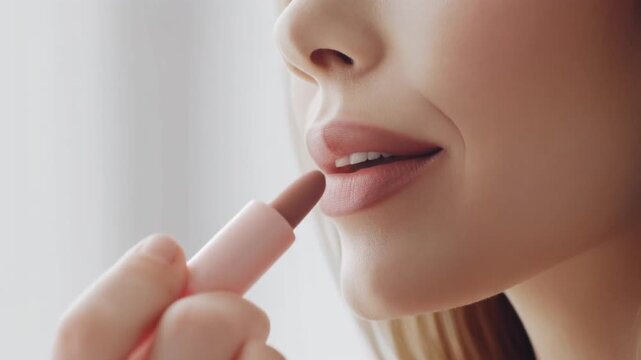Woman applies lipstick to her lips with a pink tube.