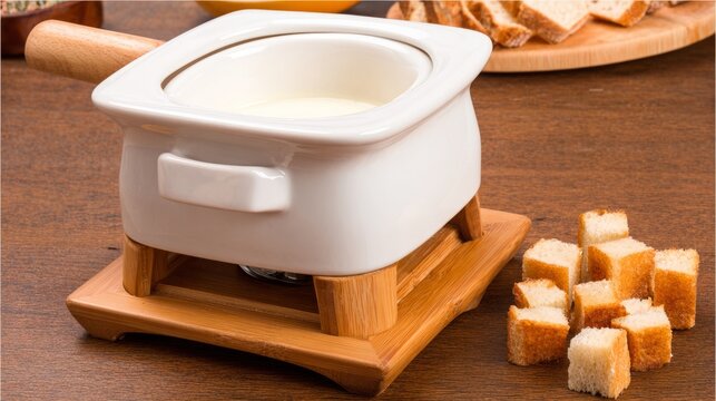 Ceramic cheese fondue pot on wooden trivet with bread cubes, cheese fondue dinner concept
