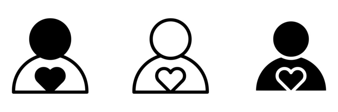 User heart vector icon set, person love favorite profile symbol for customer loyalty health care charity community volunteer relationship account member, flat linear outline style