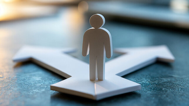 Paper cutout figure standing at split crossroads with white arrows, strategic decision making and business leadership concept, defocused background, with copy space