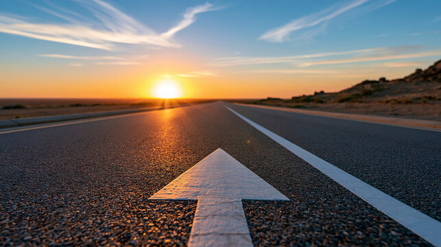 Asphalt road stretching toward golden sunset horizon with white directional arrow marking forward path, with copy space