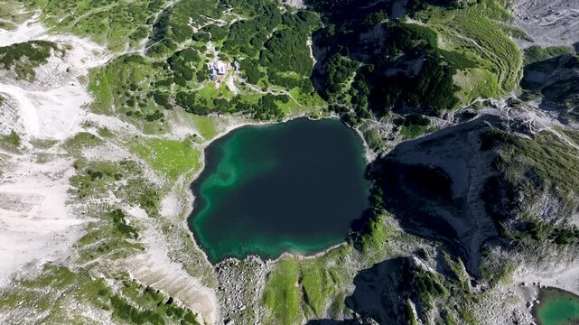 Aerial view of Drachensee and Seebensee in a mountain landscape in the Austrian Alps of Tyrol