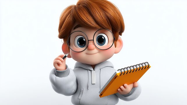 Creative Thinker Boy: A charming 3D animated boy with ginger hair, round glasses, and a hoodie holds a pencil and notebook, symbolizing creativity and a thoughtful mind.