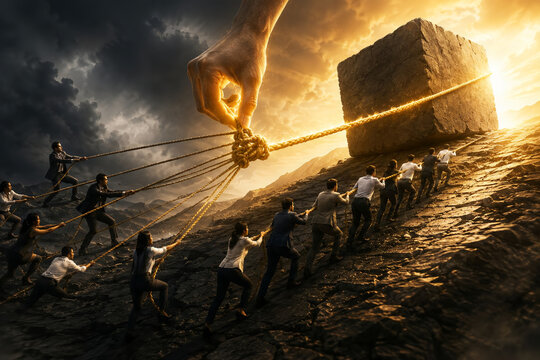 Business Team Pulling Giant Rock Uphill with Rope Guided by Divine Hand, Teamwork and Collective Effort Overcoming Challenges Concept