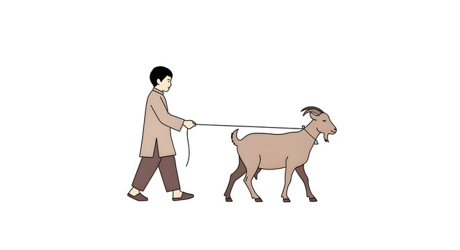 Boy leading a goat with a rope illustration on a white background