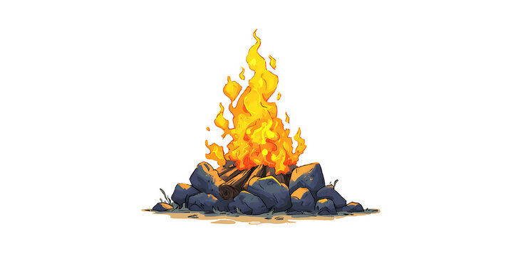 Campfire with rocks and flames depicted in a digital illustration on a transparent background
