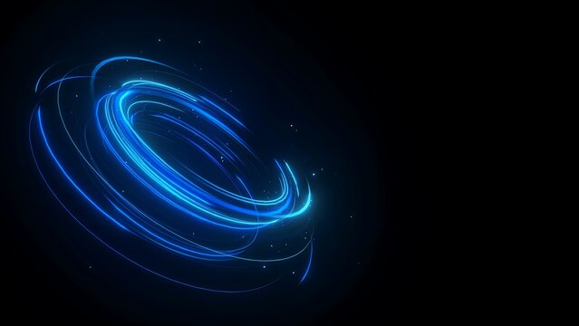 Futuristic blue light trails in circular motion, glowing neon energy vortex on black background, abstract digital technology portal