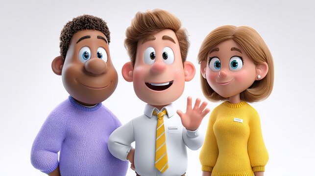 Friendly Trio in 3D Style: A cheerful 3D rendered illustration showcases three diverse characters, two men and one woman, standing together with friendly expressions and warm smiles.