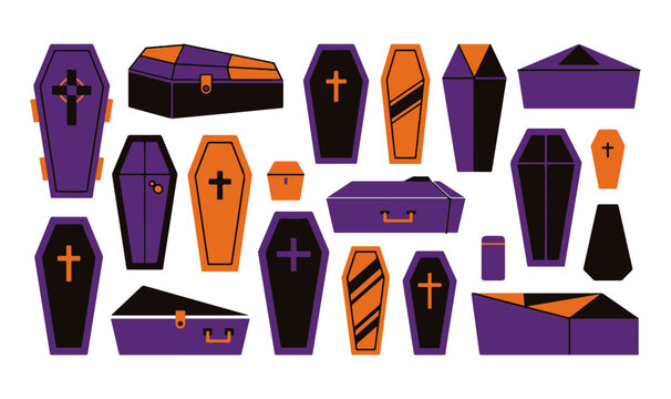 Set of halloween coffins and caskets in purple and orange flat style with halloween collection illustration