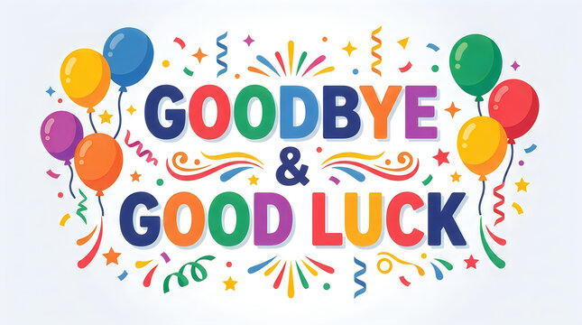 Colorful balloons and confetti with goodbye and good luck text during celebration