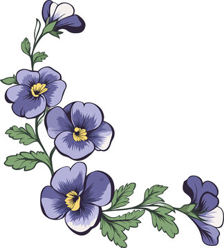 Purple pansy floral corner arrangement vector illustration with arrangement