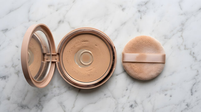 Top view of an used makeup foundation compact with an open lid, mirror, and visible metal bottom hit pan beside a soft puff on an elegant marble surface, representing skincare and beauty routines.