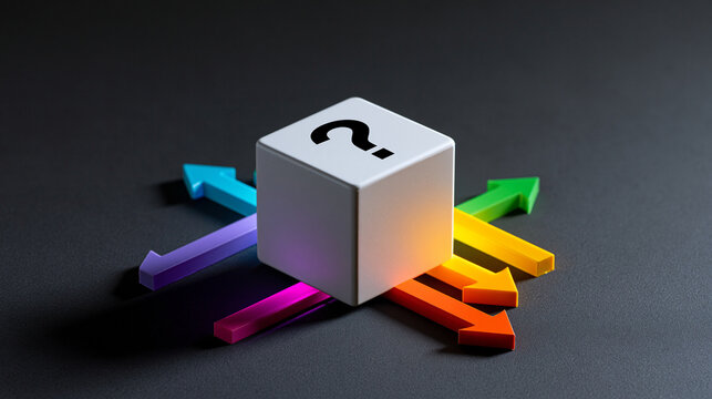 White question mark block casting colorful directional arrows into negative space, business uncertainty concept, with copy space