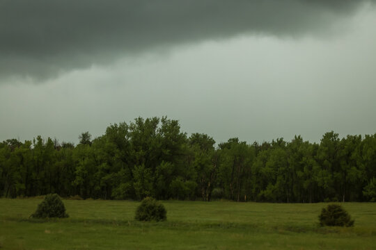 Dark Storm Clouds Over Green Field And Tree Line, Approaching Summer Thunderstorm Landscape