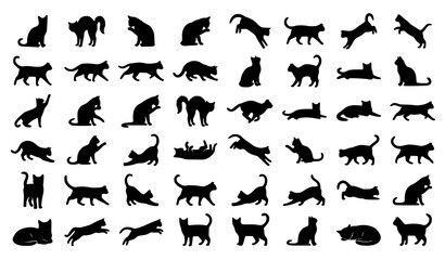 Fototapeta premium Black cat silhouette vector set with dynamic feline poses isolated on white background editable EPS10