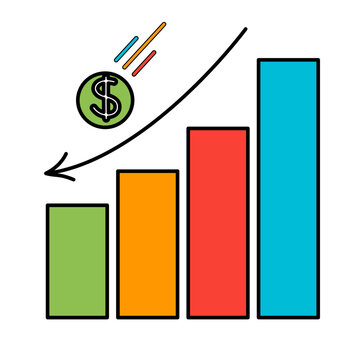 Financial loss impacting market growth chart. Business downturn with falling dollar coin.
