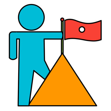 Man planting flag on mountain peak, symbolizing success and achievement.