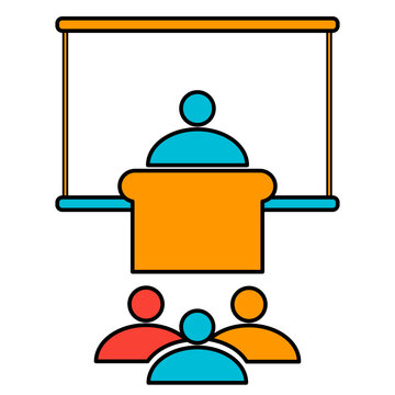 Business Presentation Icon. Speaker at Podium with Audience. Meeting, Training, or Conference.