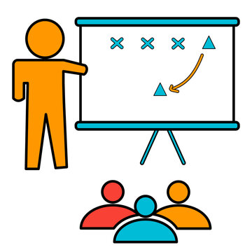 Business strategy presentation icon with a team audience and whiteboard plan.