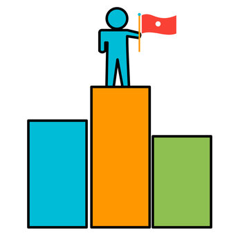 Achieve goals: Person stands victoriously on podium with flag, symbolizing success and leadership.