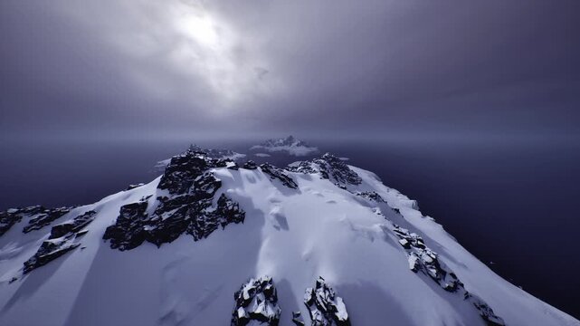 snow strewn rocky coast seen from drone perspective, glacial forms and rugged outcrops framing horizon, scene suited for climate research, outdoor logistics