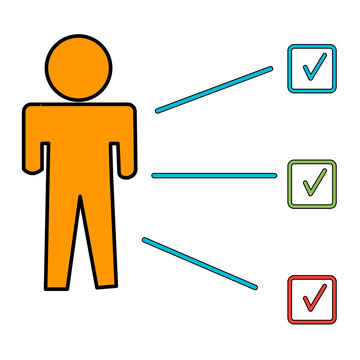 Person icon connected to multiple checkmarks, symbolizing choices, tasks, or completed options.