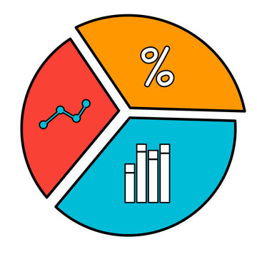 Business data analysis pie chart with percentage, line graph, and bar chart icons.