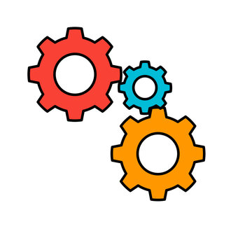 Colorful interlocking gears icon representing teamwork, process, and settings.
