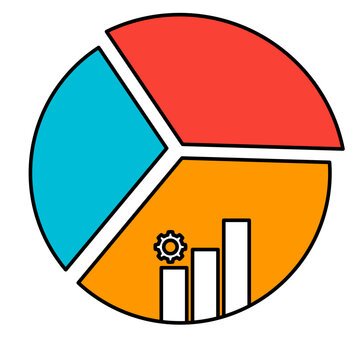 Business data analysis pie chart icon with gear and bar graphs for progress.