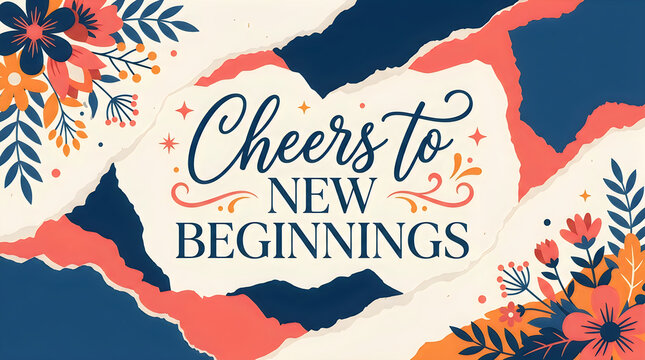 Cheers to new beginnings text with floral elements and torn paper texture on a blue background