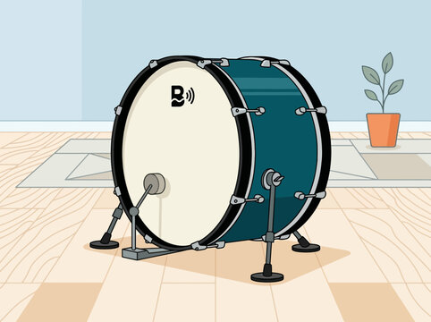 Teal blue bass drum with white head and kick pedal illustration.