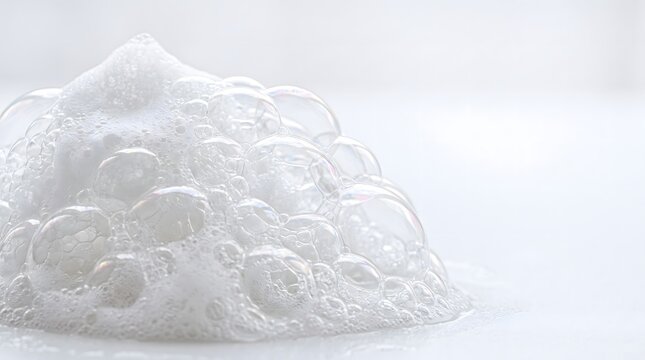 A close-up view of a pile of white soap bubbles and foam against a plain background.