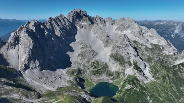 Aerial view of Drachensee and Seebensee in a mountain landscape in the Austrian Alps of Tyrol