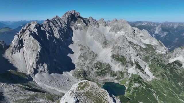 Aerial view of Drachensee and Seebensee in a mountain landscape in the Austrian Alps of Tyrol