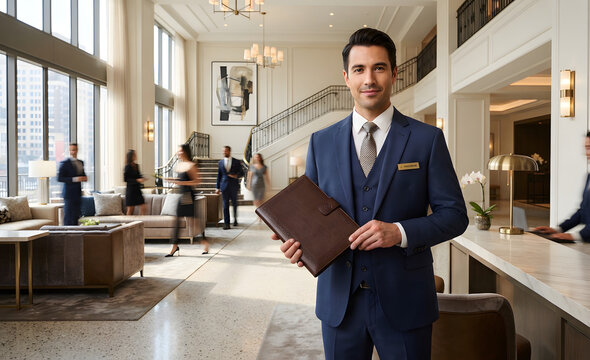Professional male hotel concierge in a dark blue business suit holding a leather guest folder while standing in a busy grand lobby area