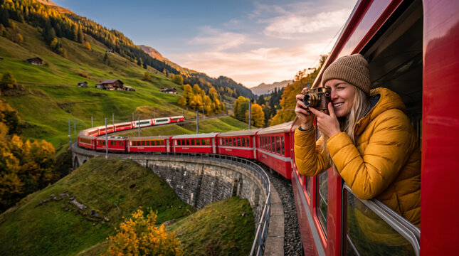A smiling woman wearing a yellow jacket and beanie leans out of the window of a red train traveling along a curved viaduct bridge, taking photos of a breathtaking autumn mountain landscape.