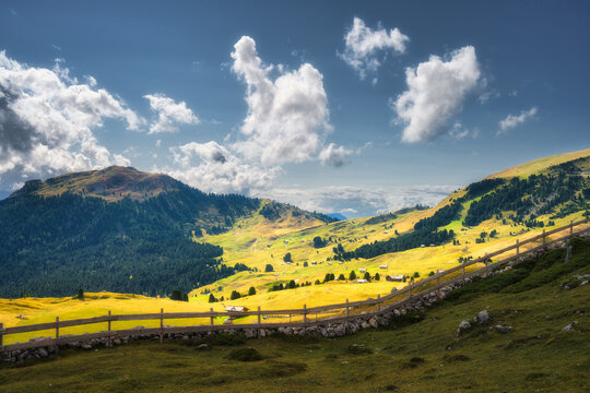 Wooden fence on green meadow in alpine valley under blue cloudy sky in Dolomites, Italy. Summer mountain landscape with sunlit grass pasture, pine tree hills and wooden huts in South Tyrol at sunset