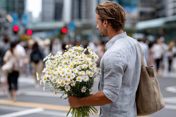 Fototapeta premium Man carrying a large bouquet of daisies in a busy urban street during daylight hours